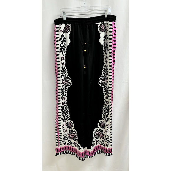 INTEMPO Wide Leg Elastic Waist Pants Black Pink Boarder Print Women's Size Large - Picture 1 of 8